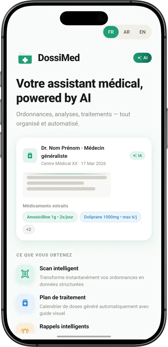 DossiMed home screen — AI-powered medical assistant