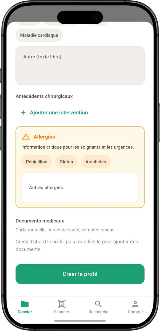 Medical profile: history, procedures and allergies